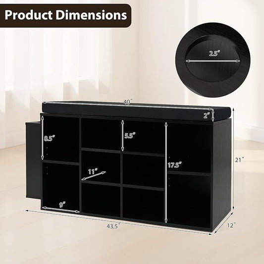 Tangkula Shoe Storage Bench with Umbrella Holder, 40" Shoe Organizer with Cushioned Seat, 10 Cubbies & Adjustable Shelves, Wooden Industrial Shoe Rack for Entryway, Living Room, Bedroom (Black)