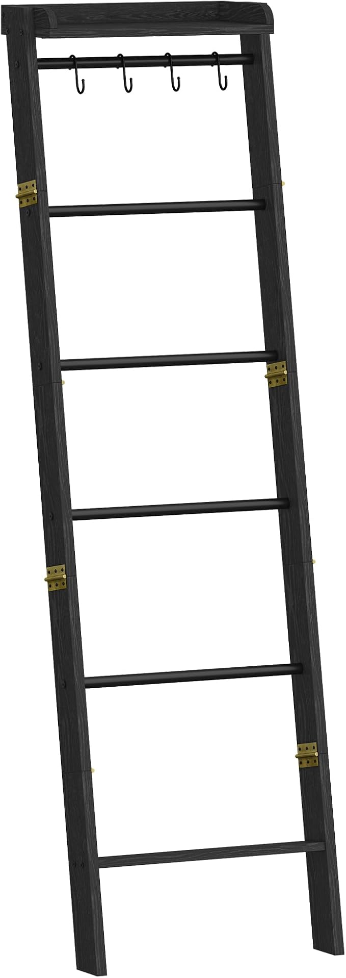 Hzuaneri Blanket Ladder Shelf, Decorative Quilt Rack, 7-Tier Farmhouse Ladder Holder Organizer with 4 Removable Hooks 7.9" D x 17.3" W x 66.9" H, Black BR36804B