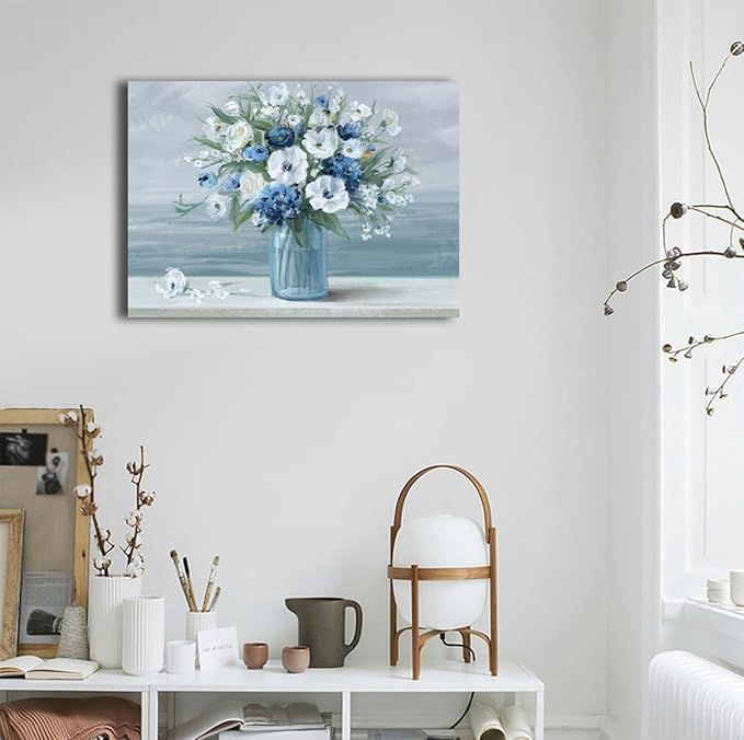 arteWOODS Vintage Flowers Canvas Wall Art Blue White Blossom Painting Retro Flowers in Vase Pictures Blue Ocean Seagull Background Artwork Prints for Bathroom Bedroom Wall Decor 28" X 20"