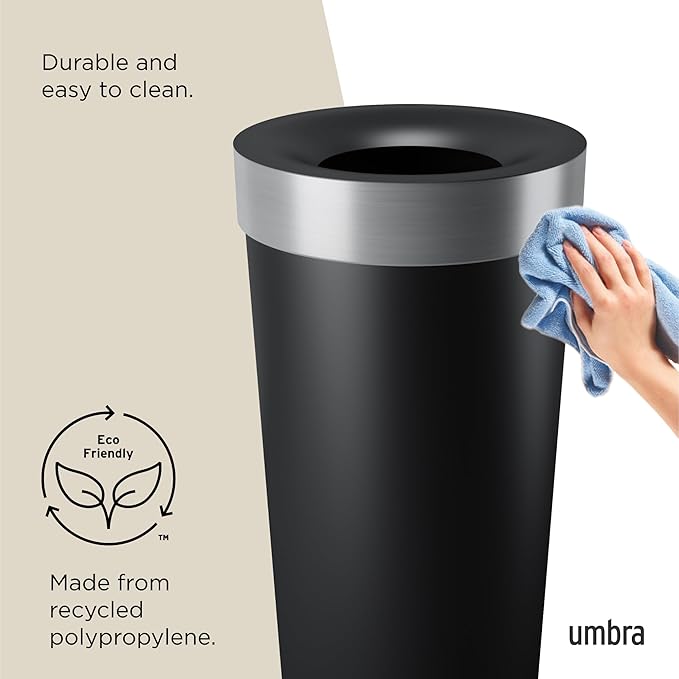 Umbra Vento Kitchen Trash Can with Open Top, Large 16-Gallon (62 L) Capacity, Black/Nickel