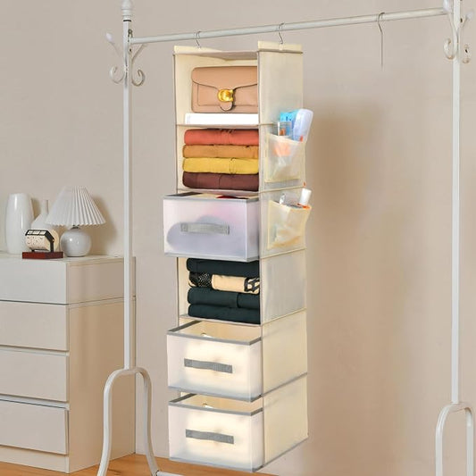 6-Tier Hanging Closet Organizer with 3Drawers and Side Pockets-Multi-FunctionalStorage for Shoes, Belts, Purses, and Clothing