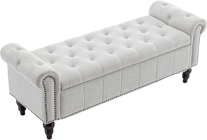 HOMEFLEX 58” Long Storage Bench, Upholstered Ottoman with Tufted Trim, Large End-of-Bed Bench for Bedrooms, Living Rooms, and Entryways (Silver)