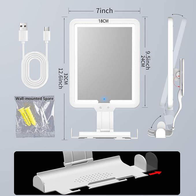 Instant Heated fog free Shower Mirror Fogless for Shaving for Women Makeup Removing,Anti fog Mirror for shower with 3-Color Dimming Light,Rechargeable Lighted Mirror,2Ways Wall Mounted Shower Mirrors
