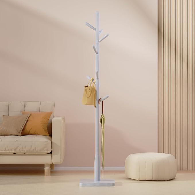 Solid Wood Square Base Coat Rack, Free Standing Hall Coat Tree with 8 Hooks(+2 spare for Coats, Hats, Bags, Purses, for Entryway, Hallway, Rubberwood Hooks,Base and Pole,(Square Base, White)