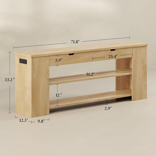 71.8" Extra Long Console Table, Farmhouse Entryway Table Behind Couch with Generous Storage and Built-in Outlet, Sturdy Sofa Table for Living Room, Entrance, Hallway, Foyer, Natural Wood