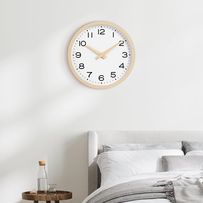 AKCISOT Wall Clock 12 Inch,Boho Office Wall Clocks Battery Operated Non Ticking,Silent Modern Clock Decorative for Kitchen,Bedroom,Living Room,Classroom(Wood Grain)