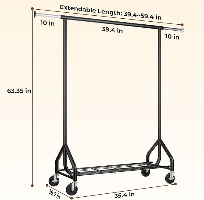 HYSEYY Heavy-Duty 450LBS Capacity Metal Clothes Rack,Rolling Clothing Rack with Wheels & Shelves, Portable Standing Wardrobe Rack for Hanging Clothes, Black (Black, L)