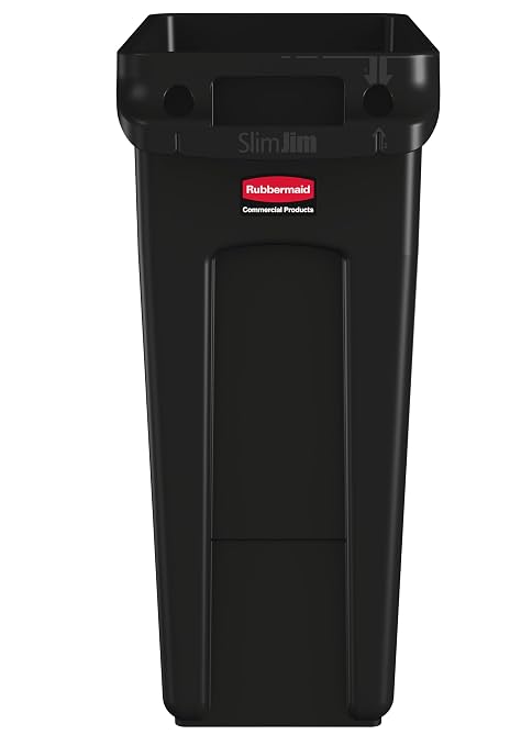 Rubbermaid Commercial Products Slim Jim Plastic Rectangular Trash/Garbage Can/Bin with Venting Channels, 16 GAL, Black, for Kitchens/Classrooms/Offices/Back of House