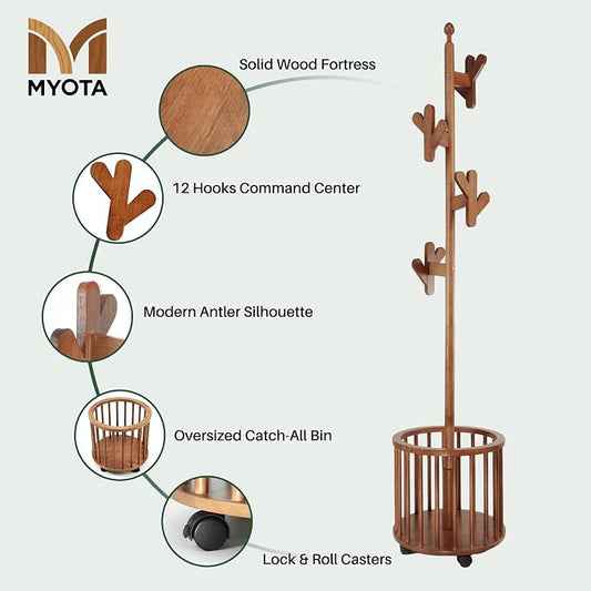 Wooden Coat Rack with Storage Basket & 12 Hooks - Freestanding Heavy Duty Rolling Coat Tree Stand with Wheels, Hat Hanger for Entryway, Hallway, Bedroom, Living Room Corner (Walnut)