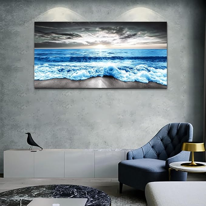 MHARTK66 Large Wall Decor For Office Framed Wall Art For Living Room Modern Bedroom Wall Decor Blue Beach Sun Ocean Landscape Canvas Prints Wall Paintings Seascape Pictures Artwork Home Decor 60x30