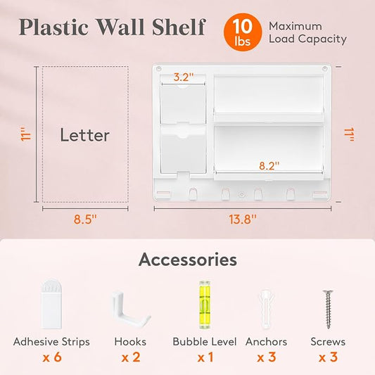 Lifewit Plastic Bedside Shelf, Adhesive Floating Shelves, Key Remote Control Holder, Wall Organizer for Glasses, Phone, Earbuds, Bedroom Decor, Dorm Room Essentials, White