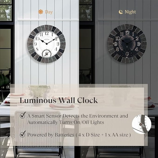 Presentime & Co 14" Illuminated in/Outdoor Clock with Smart Sensor and Night Light, Waterproof, Large Wall Clock with Thermometer, for Garden and Patio -Faux Slate.