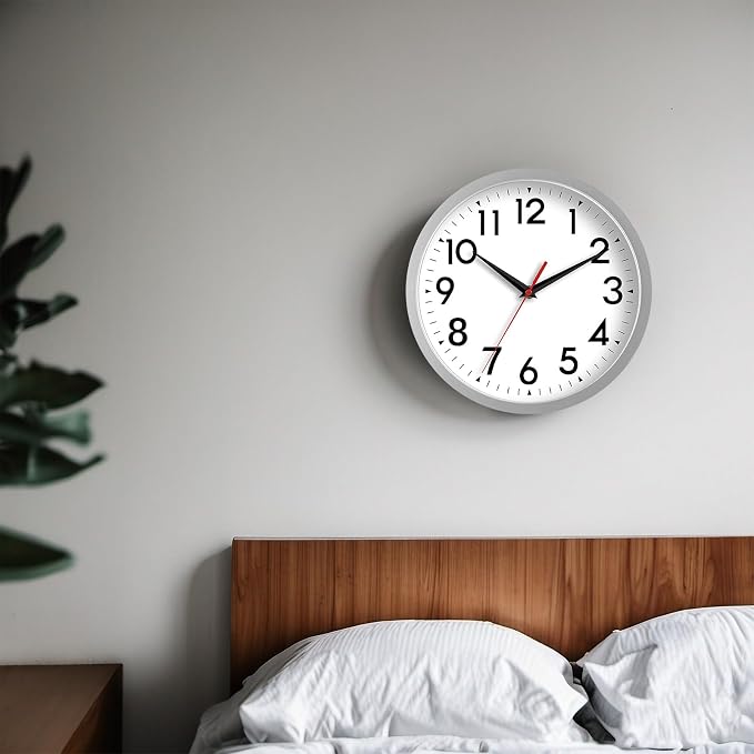DAXSMY 12 Inch Wall Clock Battery Operated Silent Non Ticking Analog Modern Decorative for Office Kitchen Outdoor Living Room Classroom Bedroom Bathroom School(Silver)