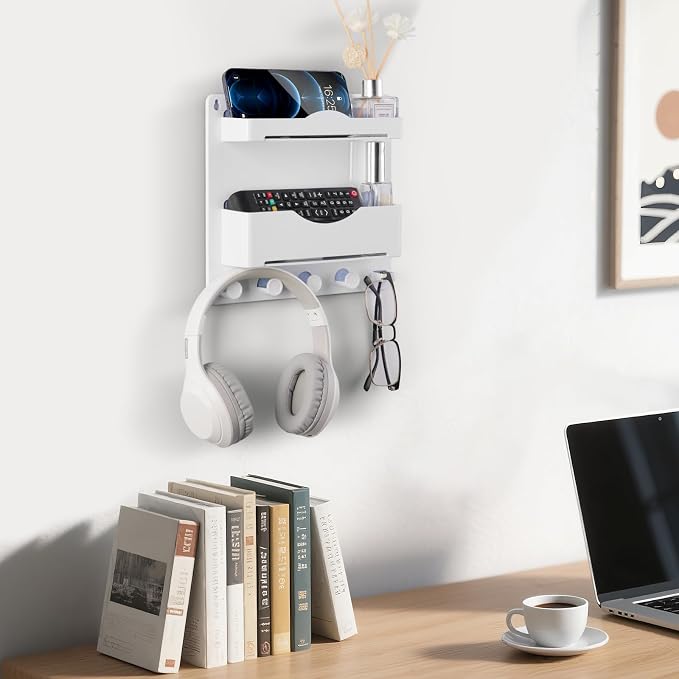 Bedside Wall Shelf with Glasses Hooks, Adhesive Bedside Organizer Wall Mount for Dorm and Room Accessories Phone,Remote,Earphone, Kindle (White)