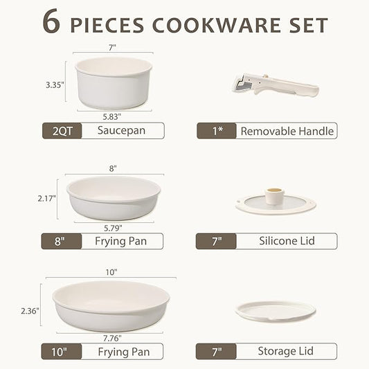 CAROTE 6pcs Pots and Pans Set Non Stick, Cookware Sets, Kitchen Set, Oven/Fridge Safe, Space Saving Pots Set, Nonstick Cooking Set with Versatile Detachable Handle, Induction RV Set
