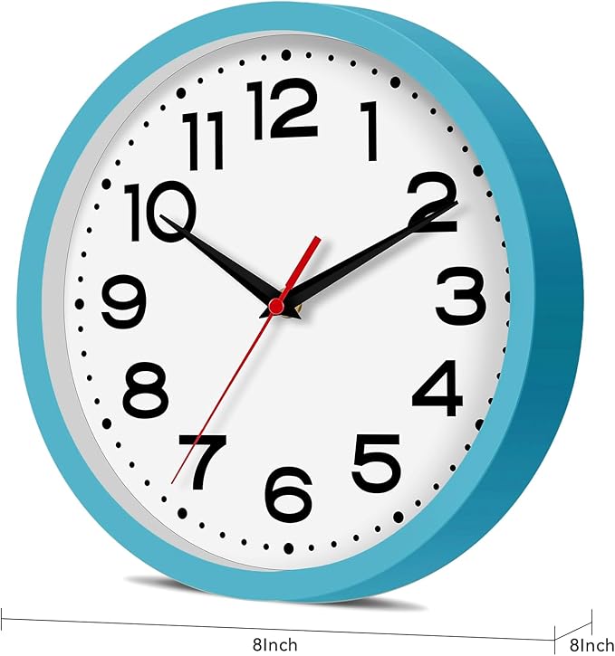 Roymnie Wall Clock Silent Non-Ticking Modern Clock Battery Operated 8 Inch Small Classic Analog Decorative for Kitchen, Living Room, Office, Bedroom, Bathroom (Blue)