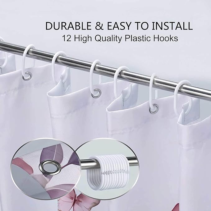 Lavender Pink Floral Shower Curtain, Lavender Pink Floral Butterfly Boho Shower Curtains for Bathroom, Farmhous Flower Cute Fabric Shower Curtain Set with 12PCS Hooks, 36X70IN