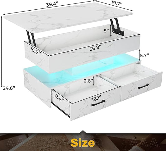 SEDETA 40" Lift Top Coffee Table, Coffee Tables with Storage for Living Room, Small Coffee Table with 2 Drawers & LED Light for Dining Reception Room, White Marble