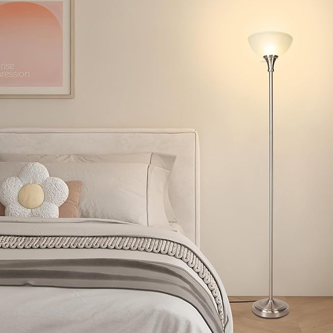 HonoDing Floor Lamp Frosted White Glass Bowl Shade - for Room Decor - Bedroom Decor - Floor Lamp for Bedroom - Floor Lamps for Living Room (Brushed Nickel)