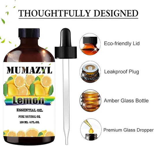 Lemon Essential Oil, Lemon Oil 4 Fl Oz 120ML for Diffuser Humidifier Yoga Cleaning DIY Candle Soap Making MUMAZYL Essential Oils