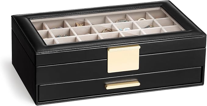 Lolalet Earring Storage Box Case with Glass Top, Large Earring Jewelry Holder Organizer Display with Drawer and Grid, Gift for Girls Women -2 Tiers, Black
