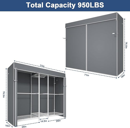Ulif E12C Pro Heavy Duty Closet Organizer System,Freestanding Clothing Racks for Hanging Clothes,Adjustable Garment Rack 71"W x 16"D x 76.5"H Hold 960lbs,White Clothing Rack with Grey Dustproof Cover
