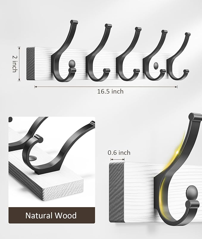 Coat Rack Wall Mount, 16.5 Inches Wood Coat Hooks Wall Mount, Wall Coat Rack with 5 Hooks, Hat Rack Wall Hooks for Hanging Coat, Bag, Towel (1Pack, White)
