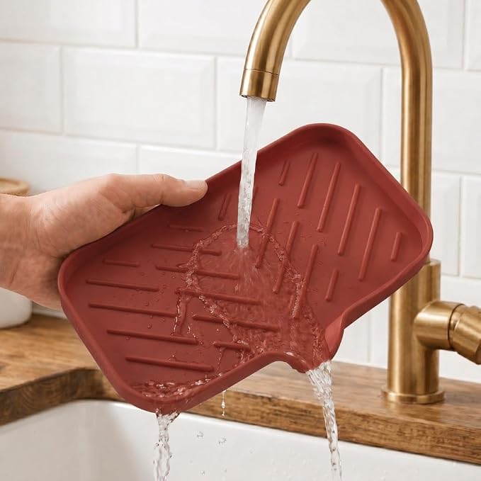 MicoYang Silicone Soap Dish with Drain Spout — Self-Draining Sink Organizer Tray for Bathroom & Kitchen, Sponges, Dispensers & Soap Holder, Non-Slip & Dishwasher Safe, Red (Medium, 9.6"×5.3")
