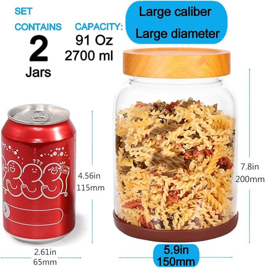 SAIOOL 2-Pack Striped Borosilicate Glass Airtight Canisters - Big mouth Large Capacity, Acacia Wood Lid, Food Storage Jars for Flour, Pasta, Pantry Organization (3/4 Gallon (Strew 2 pack))
