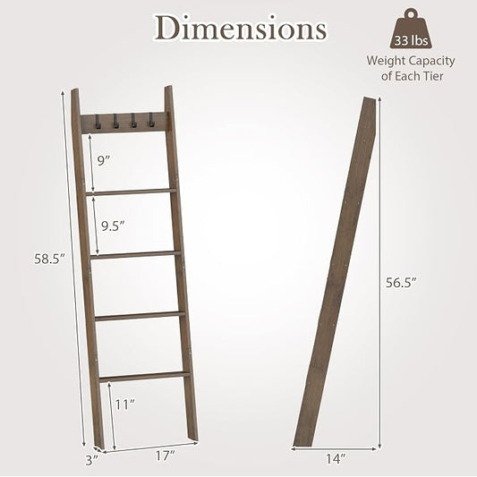 Giantex Bamboo Blanket Ladder, 5-Tier Ladder Shelf w/ 4 Removable Hooks, Decorative Wall Leaning Ladder, Blanket Holder w/Anti-Tip Straps, Farmhouse Towel Display Rack for Living Room, Bedroom