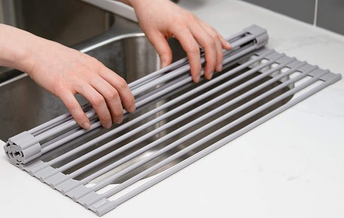 Surpahs 20.5 x 15.5 Inch Roll-Up Dish Drying Rack, Fits Across Sink Openings up to 19.5 Inches, Heavy-Duty Premium Silicone, Strong Support, Non-Slip, Heat-Resistant, Warm Gray