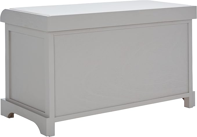 SAFAVIEH Home Collection – Freddy Vintage Grey Storage Bench with Wicker Baskets & Cushion, Entryway Seating Bench, Fully Assembled (AMH5736F)