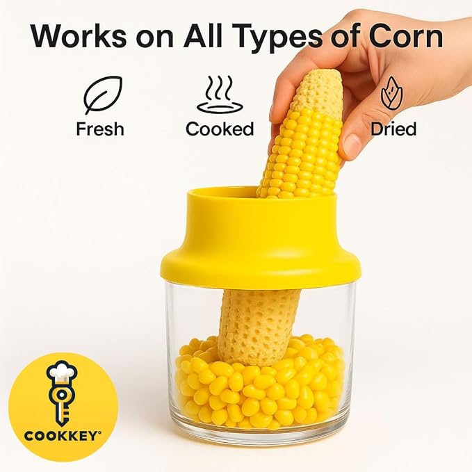 Corn Stripper & Peeler Tool with Built-In Bowl ā Safe Non-Slip Handle, Fast Corn Kernel Cutter & Cob Remover, Multi-Purpose Grater for Corn, Ginger & Vegetables (Yellow) - COOKKEY