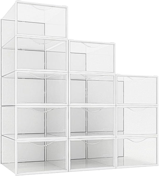 Seseno 12 Pack Shoe Storage Bins, Clear Plastic Stackable Shoe Organizer for Closet, Space Saving Foldable Shoe Rack, Shoe Box Sneaker Holder Container