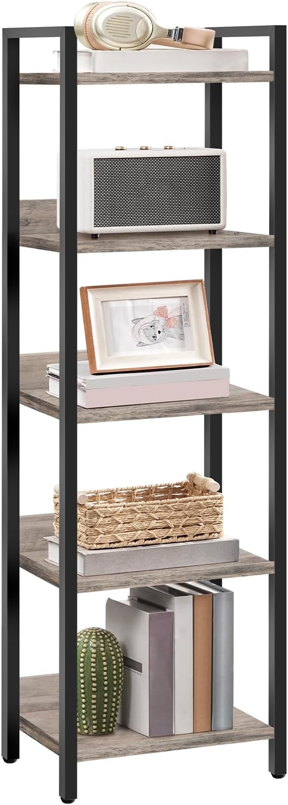 MAHANCRIS 5-Tier Bookshelf, Bookcase, Shelves Organizer for Small Spaces, Storage Shelf Organizer, for Living Room, Bedroom, Study, Balcony, Greige and Black BKHG5501