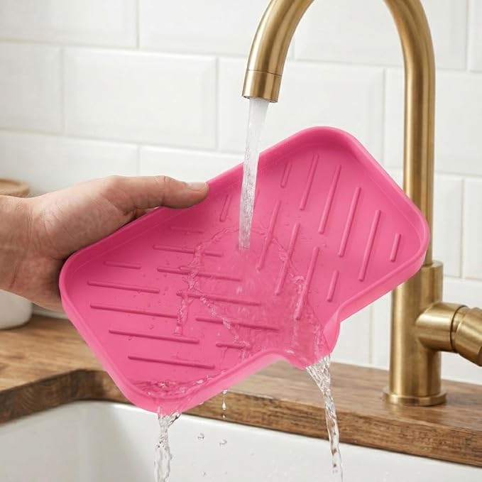 MicoYang Silicone Soap Dish with Drain Spout — Self-Draining Sink Organizer Tray for Bathroom & Kitchen, Sponges, Dispensers & Soap Holder, Non-Slip & Dishwasher Safe, Rose (Medium, 9.6"×5.3")