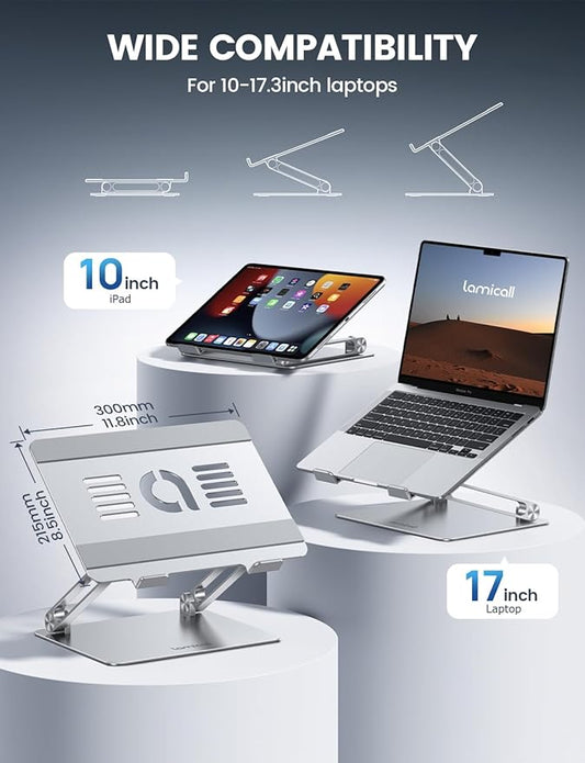 Lamicall Adjustable Laptop Stand, Portable Laptop Riser, Aluminum Laptop Stand for Desk Foldable, Ergonomic Computer Notebook Holder for MacBook Air Pro HP, Office Desk Accessories (10-17.3'')- Silver