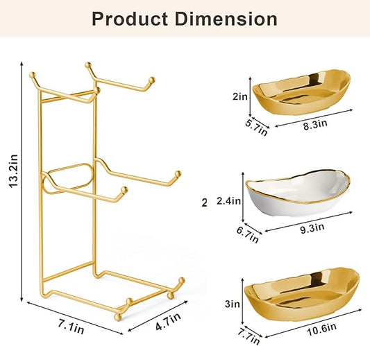 OdoVow 3 Tier Fruit Bowl for Kitchen Counter, White Gold Ceramic Fruit Stand for Countertop, Home Fruit Rack with Holder, Vegetable Bowl Snacks Nuts Bread Candy Storage, Small & Cute (Gold)