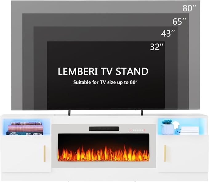 LEMBERI 70" TV Stand with 36" White Electric Fireplace, 750W/1500W Entertainment Center for TVs up to 80", 20-Color LED, 300lbs Max Capacity High Gloss Cabinet Console, All-White Style