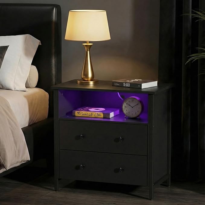 27 Inch Wide Night Stand, Large Wood Night Stand with 2 Drawer, LED Nightstand with Charging Station and Adjustable Drawer, Bedside Table for Living Room/Bedroom/Study/Office, Black.
