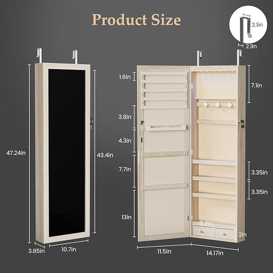 DUMOS Jewelry Armoire Cabinet with Full Length Mirror, 47.2" Tall Wall Mounted or Over the Door Jewelry Organizer with 33 Necklace Hooks, Lockable Large Capacity Jewelry Armoire with Drawers, Khaki