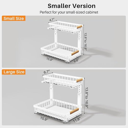 PXRACK Under Sink Organizer, Adjustable Height, 2 Tier Pull Out Under Cabinet Organizer, Slide Out Thickened Metal Under Sink Storage for Kitchen Bathroom Laundry Pantry Cabinet, White, Small-1-Pack