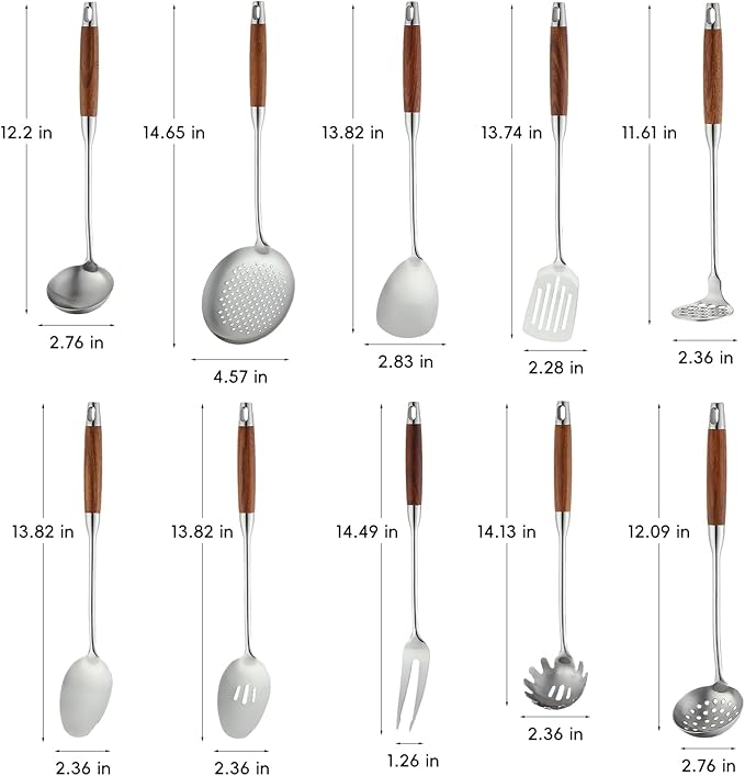 18/10 Stainless Steel Kitchen Utensils Set with Wood Handle Metal Cooking Utensils Set 10 Piece - Spatula, Spoon, Ladle, Skimmer, Slotted Turners, Pasta,Turner, Ladl, Fork