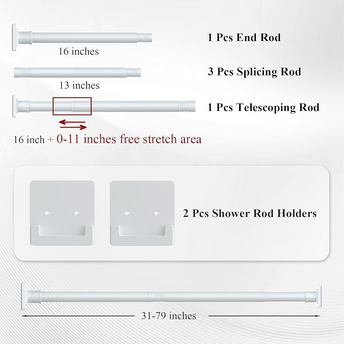 UIOSANRT White Shower Curtain Rod 31-79 inches, Stainless Steel Shower Rod & Tension Rod, Adjustable Tension Shower Curtain Rod for Bathroom, Windows, Closet