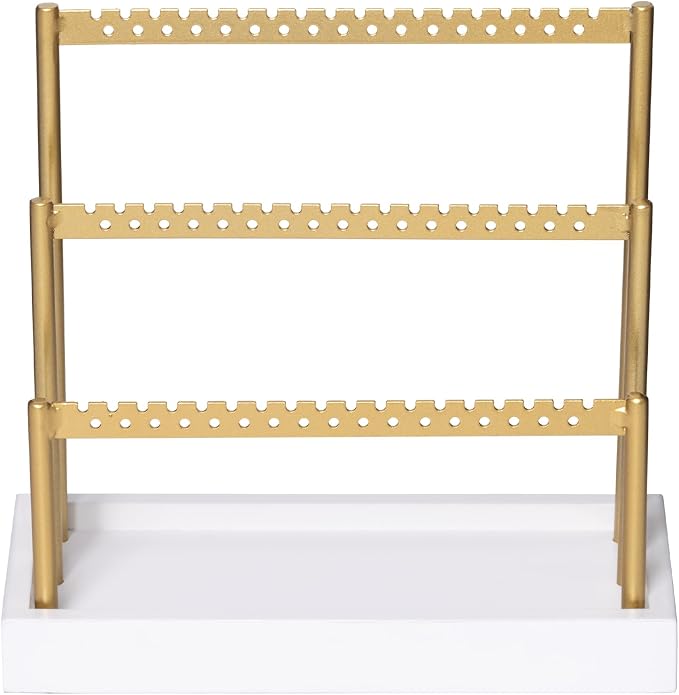 SANY DAYO HOME 3-Tier Earring Holder Organizer Stand, 105 Holes Gold Metal Earring Rack Jewelry Display Tree with White Wood Tray for Women and Girls