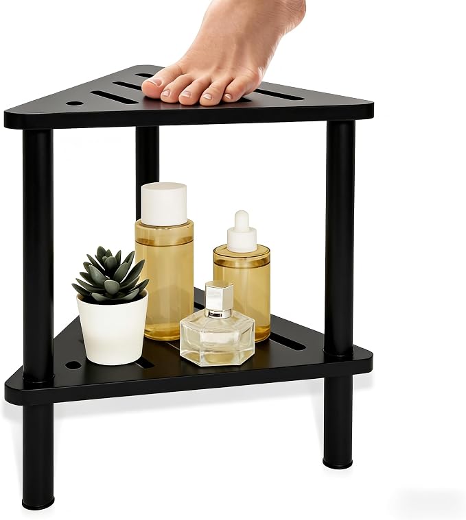 Yoshiky Black Shower Foot Rest 15in, Shower Stool for Shaving Legs, Waterproof Wood Corner Shower Stool with Storage Shelf for Inside Small Shower Spaces, Bamboo