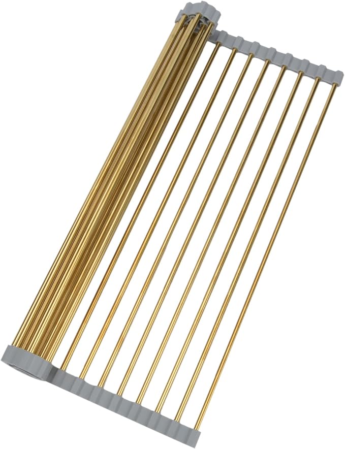 Snailhouse Roll Up Dish Drying Rack, Stainless Steel Dish Drainer Over The Sink with Anti-Slip Silicone for Kitchen Counter, Gold (17.8 x 11.8 in) | Stainless Steel Dish Drainer Over the Sink with Anti-Slip Silicone