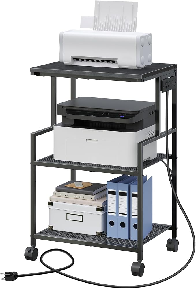 MAHANCRIS Mobile Printer Stand, 3-Tier Industrial Printer Cart with Power Outlets and 2 USB Ports, Rolling Printer Table on Wheels for Home Offices Kitchen Organization Rack, Black PTHB78E01