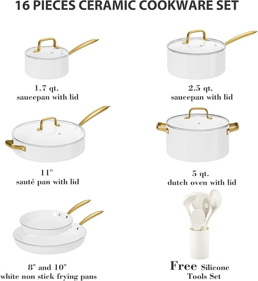 Ceramic Cookware Set, VONIKI 16 Pcs Pots and Pans Set Non Stick, Kitchen Cookware Sets with Cooking Utensils Set, Non Toxic Cookware Set White Gold Pan Set for Cooking Pot Oven & Dishwasher Safe, Gift