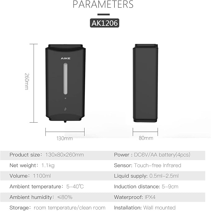 AIKE Automatic Soap Dispenser Commercial Wall Mounted Liquid Dispenser Matte Black Stainless Steel Finish 1100ml Large Capacity